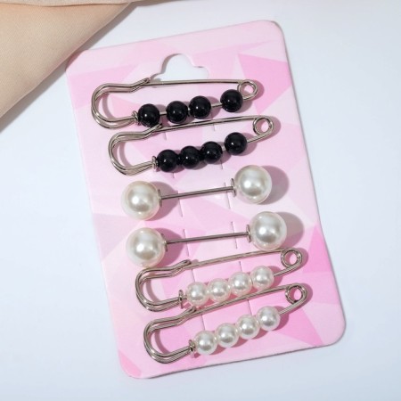 A set of pins (6 pcs.) “Pearls”, 3.5 cm, black and white color in silver-1