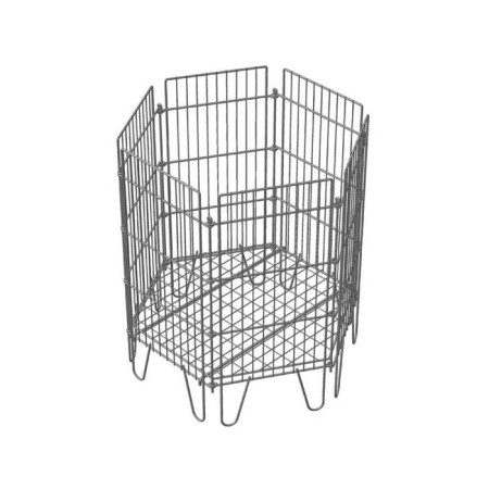 The basket is collapsible, hexagonal, 71 × 64 × 80 cm, color chromium