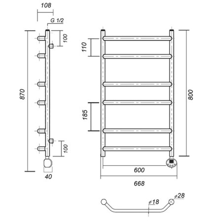 Domoterm electric heated towel rail "Laura" P6, 600x800 mm, right, bronze-2