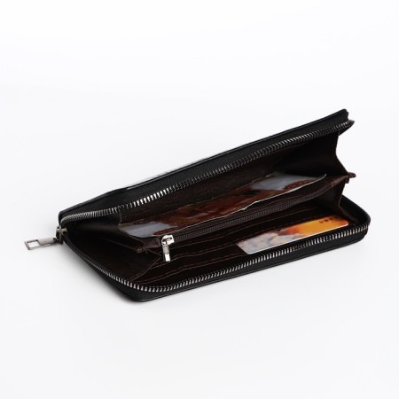 Male purse with zipper, department for bills, for maps, for coins, black color-3