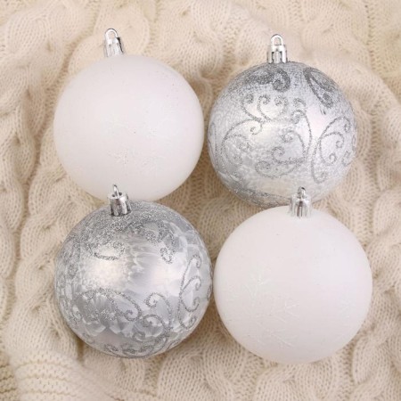 Set of balls plastic D-8 cm, 6 pcs "Frosty patterns" silver-white