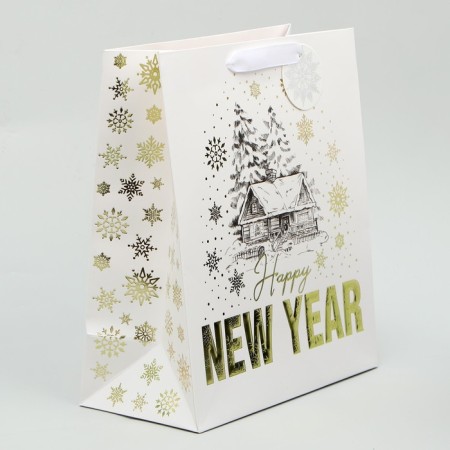 Package New Year's laminated vertical, congregation embossing "New Year's house", ML 23 x 27 x 11.5 cm, New Year-1