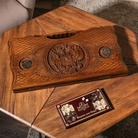 Handmade backgammon "coat of arms", deep cutting, with a pen, 60x30 cm, with a chess field, Armenia