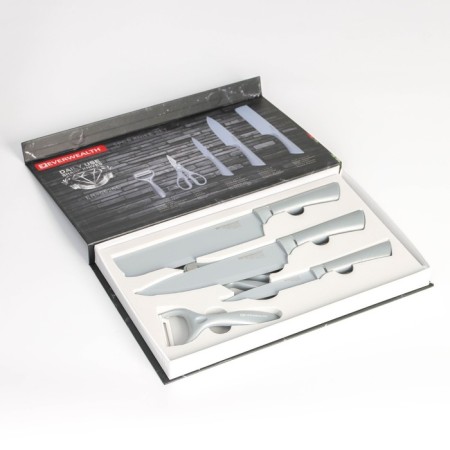 A set of BLADES kitchen supplies, 5 objects: 3 knives, vegetable vegetables, scissors in the kit, white color-6