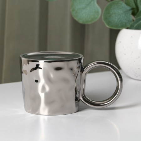 Ceramic mug with a spoon "Stylish Bear", 320 ml, silver color-4