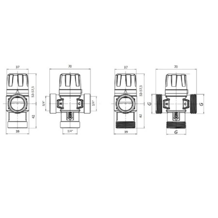 Thermostatic valve Rommer RVM-0112-166020, mixing, 3/4 ", BP, 35-60 ° C, KV 1.6-1