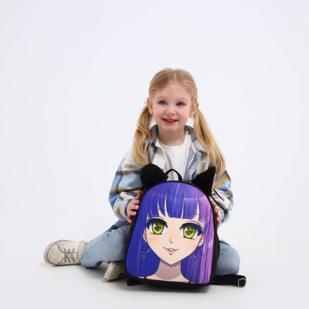 School textile backpack with ears on the hairpins "Anime", 27x23 cm, black/purple-13