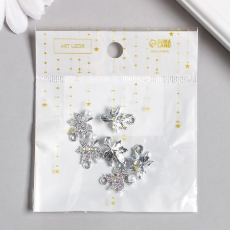 Decor for creativity metal, rhinestones "Maple leaves with bead" silver 1.3x1.8 cm-2