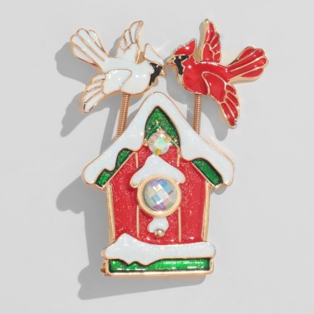 Brooch "House" with birds, colored in gold
