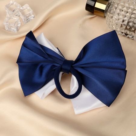 Hair elastic band "Schoolgirl" Balt flower and cell, 12 cm, white-blue-1