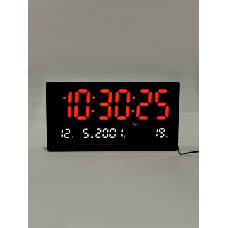 Electronic wall clock, thermometer calendar, 47.5 x 25.3 cm, red numbers 10.8 x 5.3 cm 10766-3