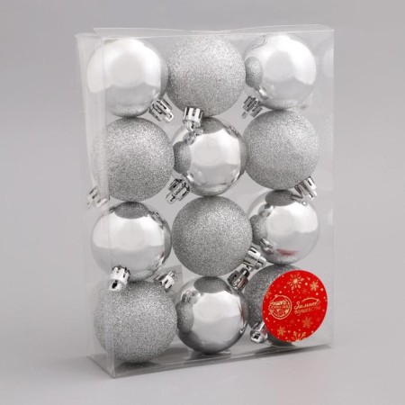 Set of balls plastic D-5 cm, 12 pcs "glossy shine" silver-1