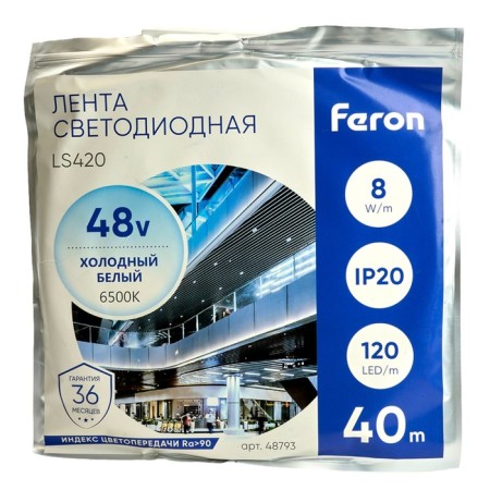 Feron 40 m, IP20, SMD2835, 120 LED/m, 8 W/M, 48 V, Cold white glow, SMD2835-2