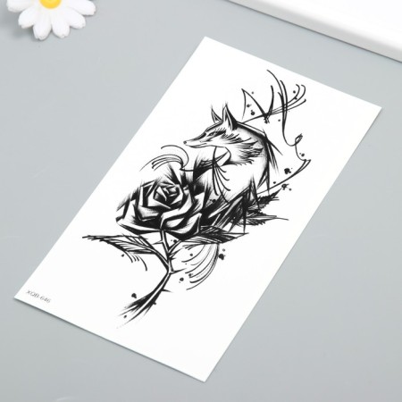 Tattoo on the body Black "Fox with rose" 11.5x21 cm-1