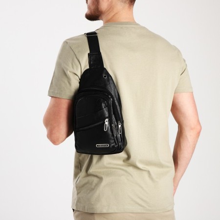 Male sling bag, artificial leather, headphone opening, black color