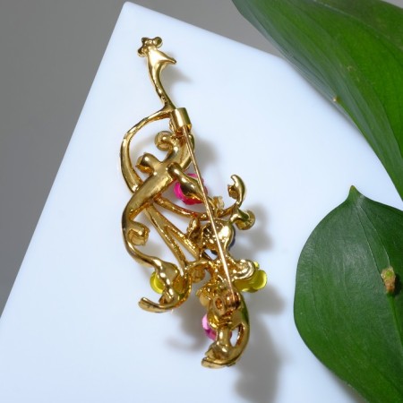 Brooch "Firebird", tail with flowers, colored in gold-1