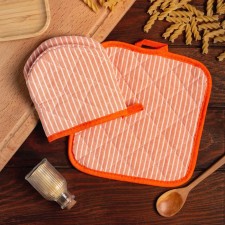 The kitchen set of the “stripes” shares, a tack 20x20 cm, mittens 12x15 cm, peach, 50% p/e, 50% cotton