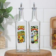 A set of bottles with a metal dispenser for oil and sauces, glass, 500 ml, 2 pcs, on a wooden stand