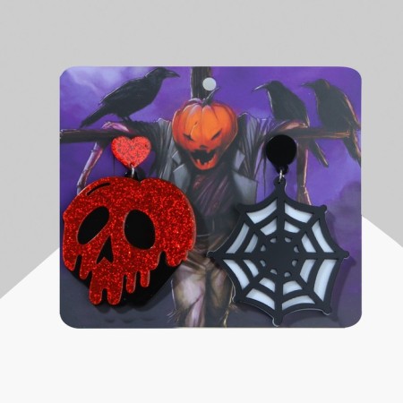 Acryl Earrings “Skull” with heart and web, black-orange color in silver