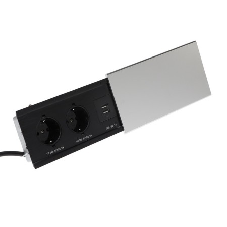 Block Roset into the table, sliding cover, 10a, 2 sockets, 2xusb, 2a, wire 1.8 m, silver.