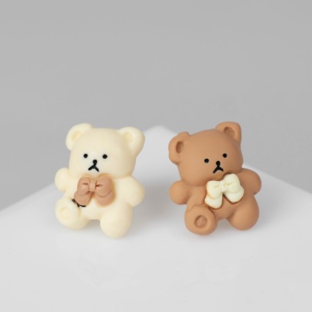 Earrings plastic "Bear" with a bow, white-brown color in silver