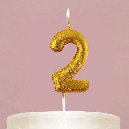 A candle for a cake, a number, shiny "2", gold, 4 x 10 cm.-5
