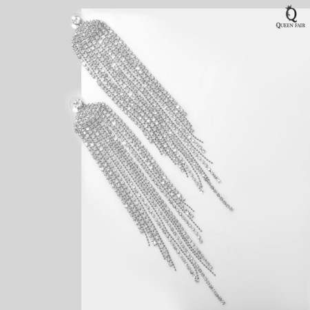 Hanging earrings with rhinestones "Waterfall" fan, white color in silver, 15.5 cm-1