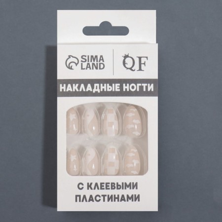 Nude overhead nails, 12 pcs, with adhesive plates, almond shape, beige/white color-8