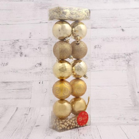 A set of balls plastic with beads and tinsel 12 pcs "Ariozo" gold-1