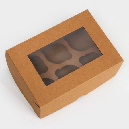 Box for 6 cupcakes craft with a window, confectionery packaging, 18.6 x 13.1 x 8 cm set 5 pcs-1