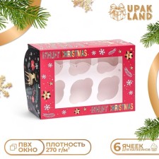 Упаковка на 6 капкейков с окном "Merry Christmas", 25 х 17 х 10 см