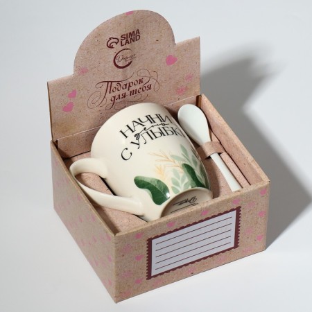 Ceramic mug with a spoon "Start the day with a smile", 310 ml, white color-1