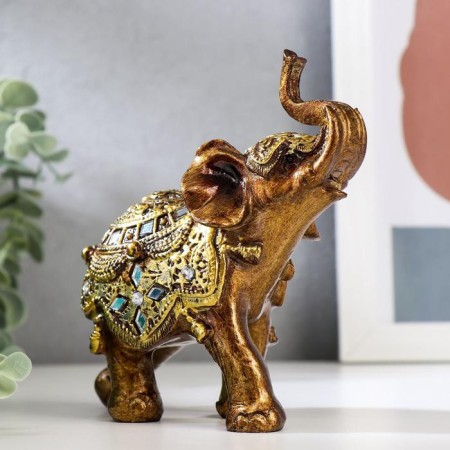 Souvenir Polystone "Elephant in the Golden Popone with mirror mosaics" 13.5x12x5.7 cm-3