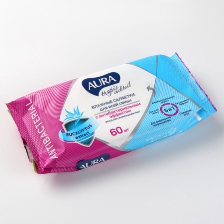 Wet napkins Aura Tropic Cocktail, with antibacterial effect, 60 pcs.-2