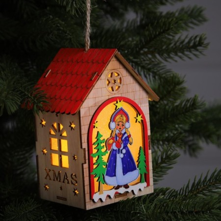 Christmas tree toy "House with the Snow Maiden", from batteries, glow warm white