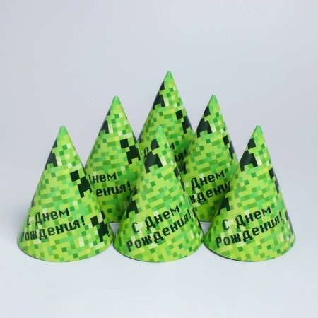Paper cap "Happy birthday!" Pixels, set 6 pcs.-1