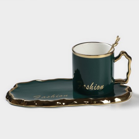Tea couple ceramic "luxury", 3 items: mug 250 ml, saucer 23.5 × 13 cm, spoon, green color
