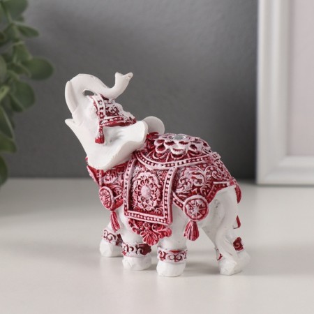 Souvenir Polystone "White Elephant. Burgundy Popon with Flower and Straza" 9x4.8x9.5 cm-2