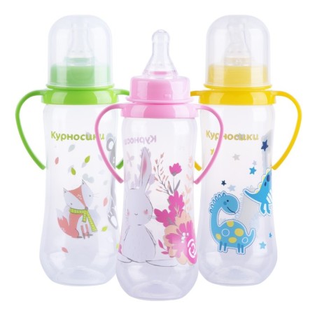 A bottle for feeding "Fruits", fitted, with handles and 2 silicone nipples, 250 ml, from 6 months.