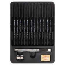 Pencils are whole, black 12 pieces + eraser + sharpener + chancellery knife