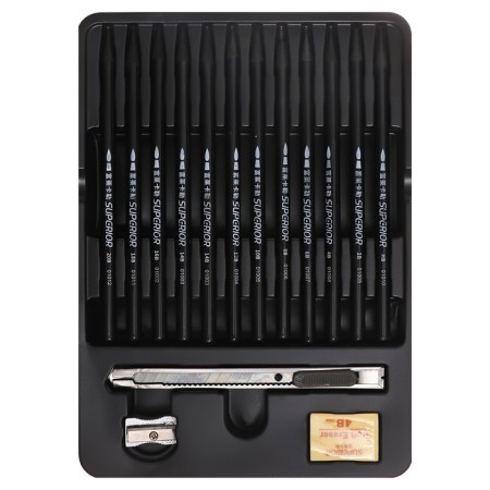 Pencils are whole, black 12 pieces + eraser + sharpener + chancellery knife