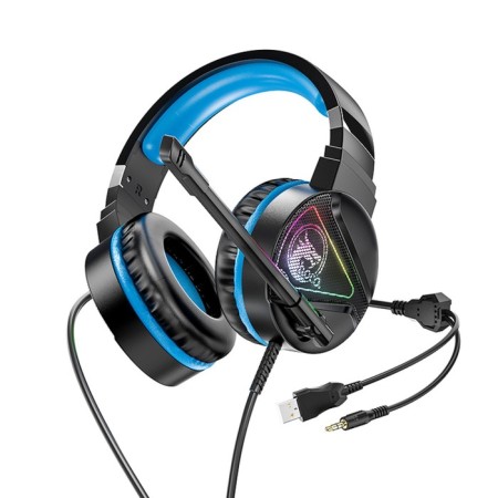 Hoco W104 headphones, gaming, invoices, microphone, USB + 3.5 mm, 2 m, black and blue-1