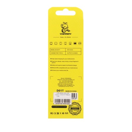Cable D-01L, Type-C-USB, 1 m, 2.4 A, charging + data transfer, white-6