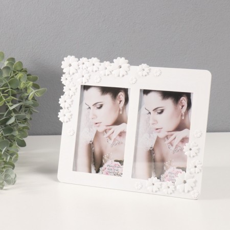Photo frame plastic in 2 photos 10x15 cm "forget -me -nots" white, rhinestones 25x21 cm-1