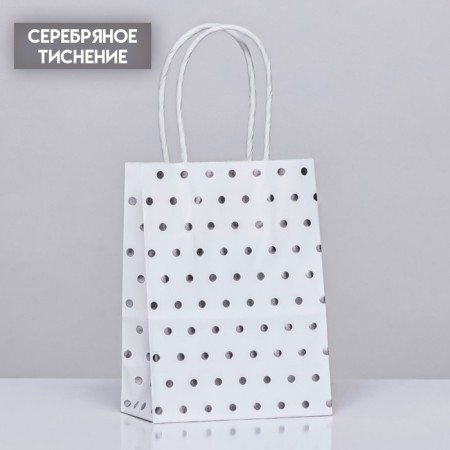 Craft package with silver embossing, round handle, white, 15 x 11 x 6 cm, 120 g
