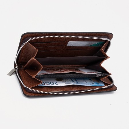 Male purse with zipper, department for bills, for maps, for coins, black color-3