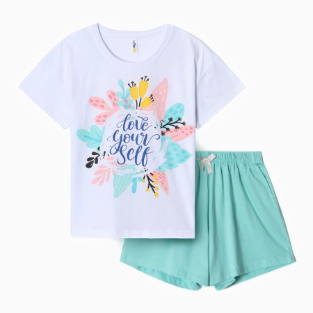 Female homemade set (T-shirt, shorts), mint color with flower, river 52-5