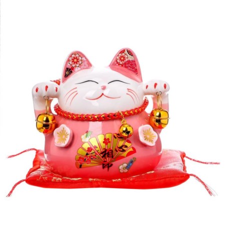 Souvenir Ceramics Pigger "Pink Cat Mani-Neko with bells" 11.5x11.5x9.5 cm-4