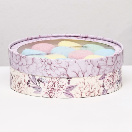 Box for Makarun tube with the window "Flowers", beige-violet, 20 x 6 cm