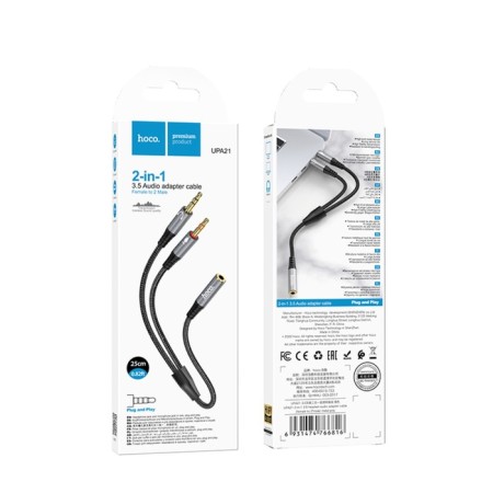 Hoco UPA21, Jack 3.5 mm (F) cable - 2 * jack 3.5 mm (m), 0.25 m, nylon, gray-9